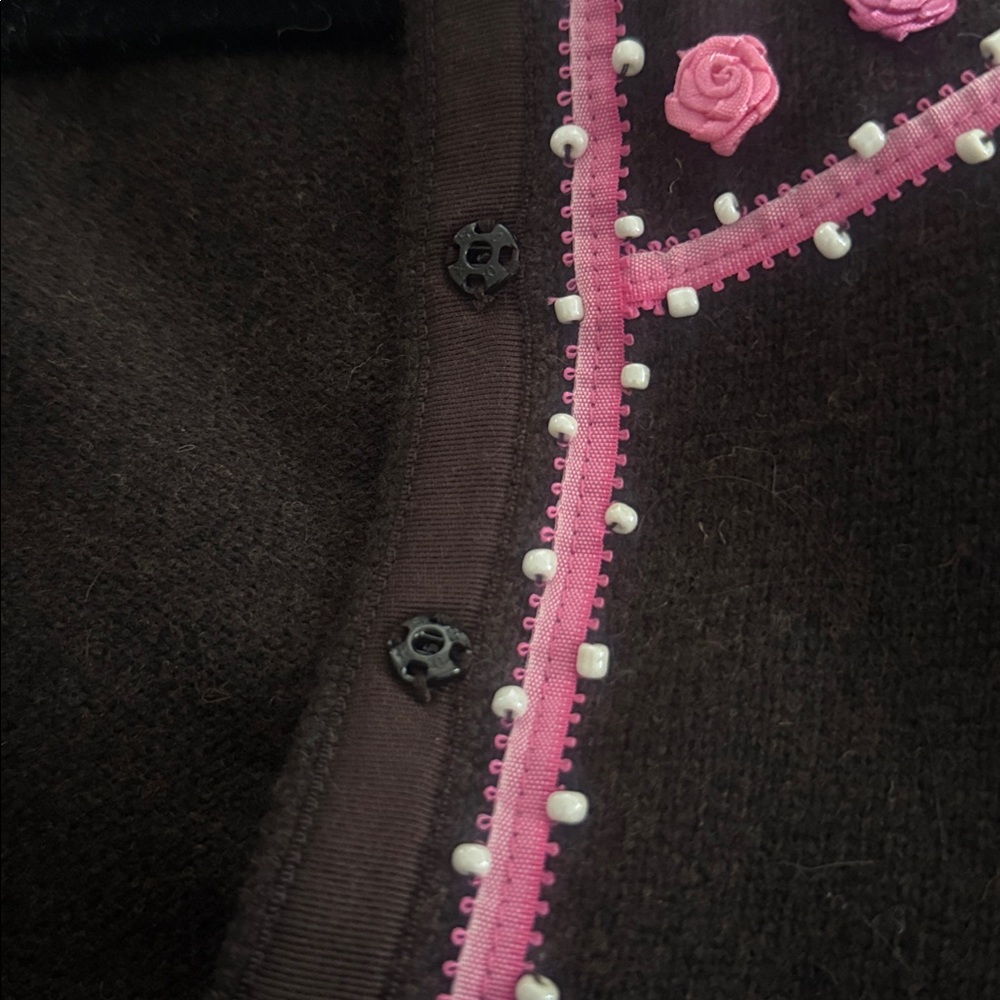 Vintage Lambswool Sweater Cardigan |Brown Pink Floral Cottagecore Soft Grunge XL - Picture 5 of 13